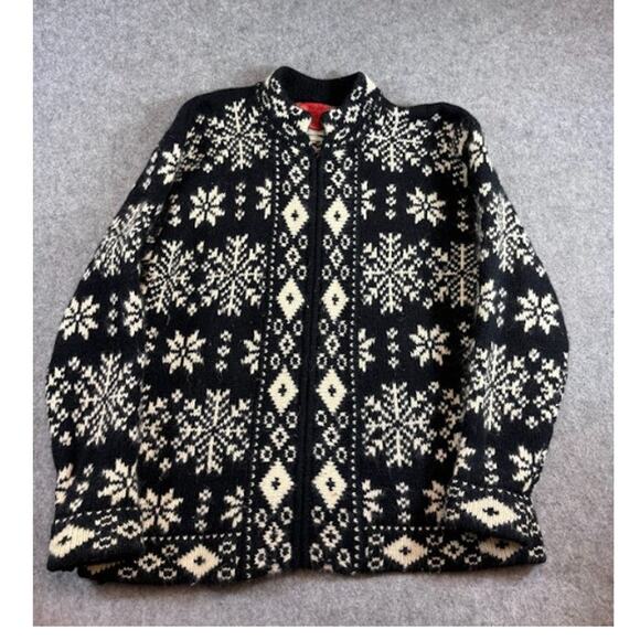 Skyr Sweaters - Vintage Skyr Nordic Fair Isle Cardigan Womens L Black Zip Snowflake Wool Winter